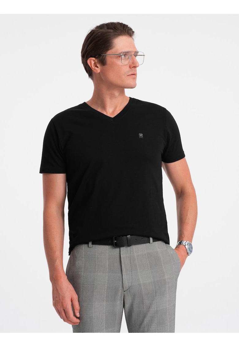Tricou barbati casual cu decolteu in V bumbac elastic - Negru