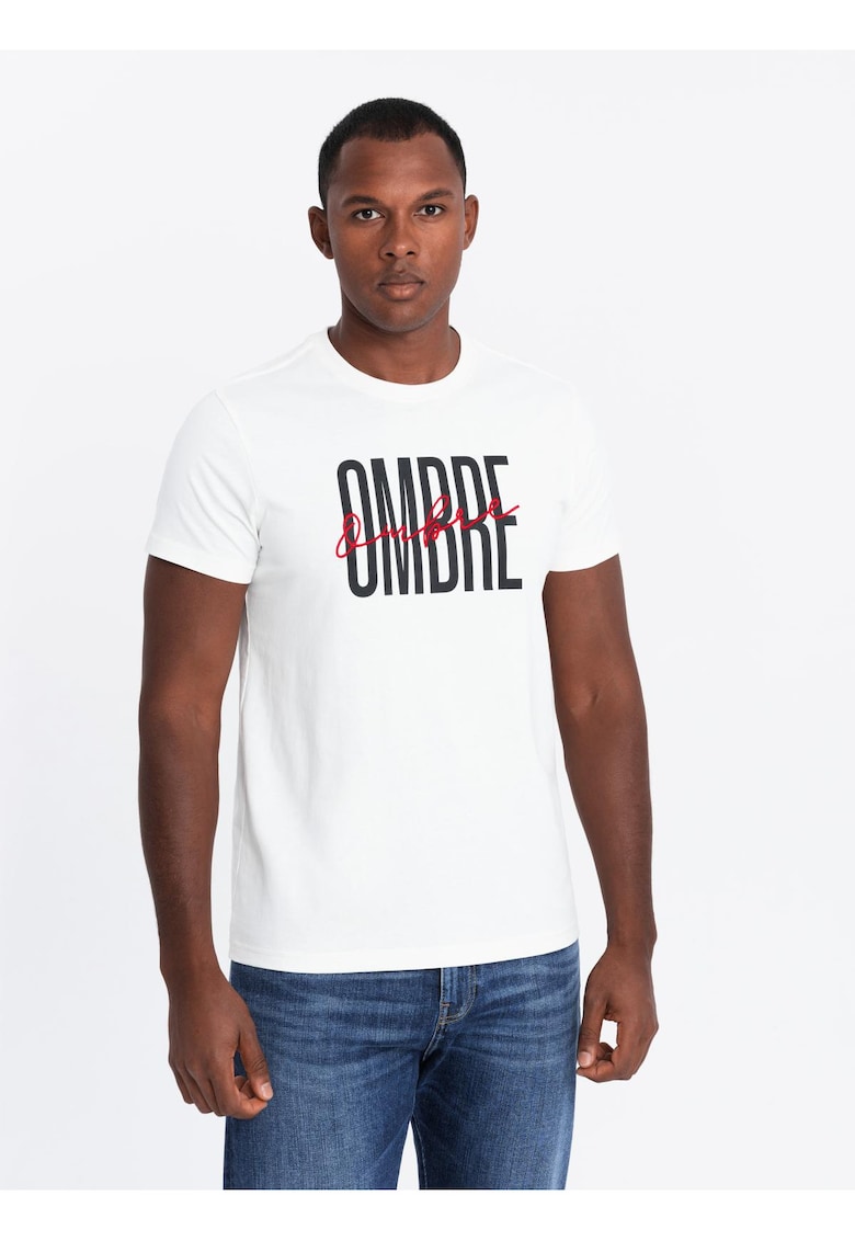 Tricou barbati cu imprimeu logo bumbac regular fit - Alb