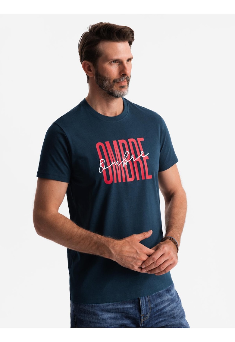 Tricou barbati cu imprimeu logo bumbac regular fit - Bleumarin