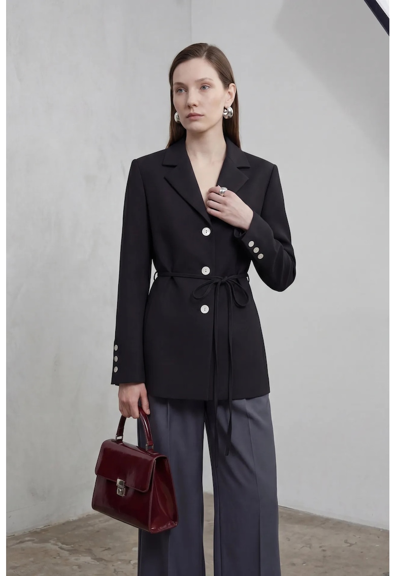 Sacou MY FASHION din crep cu cordon - negru - lungime maneca lunga - sistem inchidere nasturi
