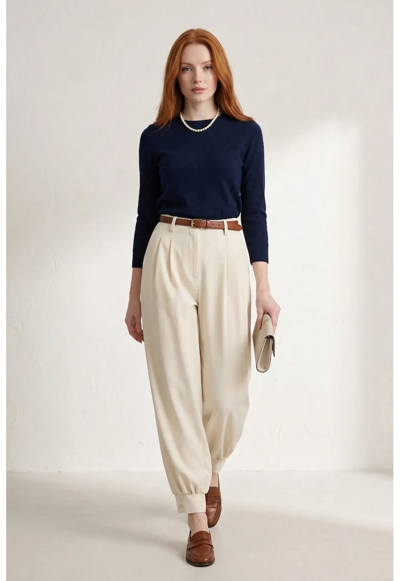Pantaloni dama talie inalta - crem - poliester-viscoza