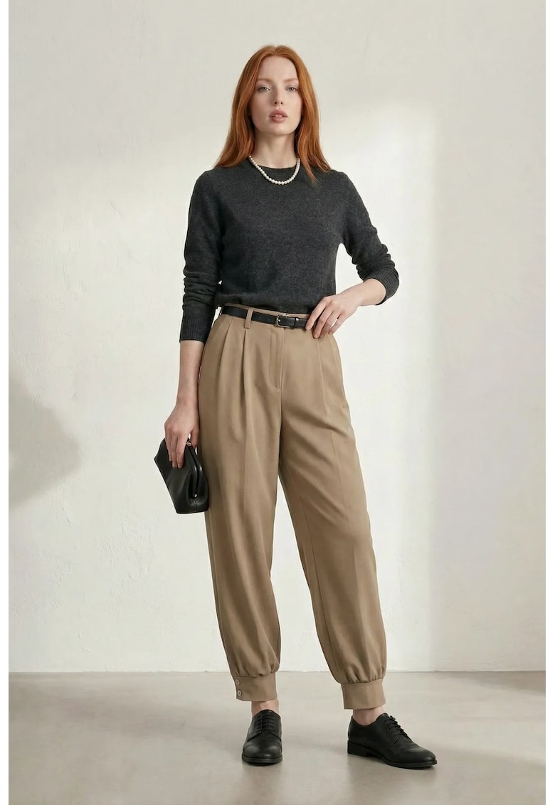 Pantaloni dama talie inalta - maro - poliester-viscoza