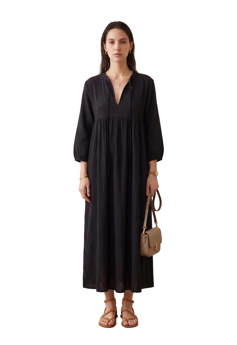 Rochie Maxi Neagra - Bumbac - Decolteu in V - Croiala Lejera