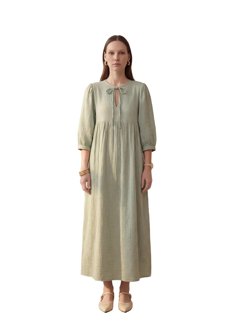 Rochie maxi - verde menta - bumbac - decolteu in V - croiala lejera