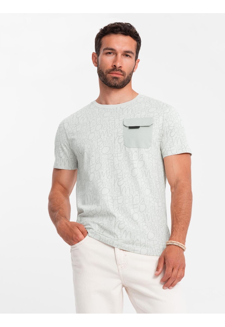 Tricou barbati cu imprimeu grafic - buzunar practic - bumbac single jersey - Verde deschis