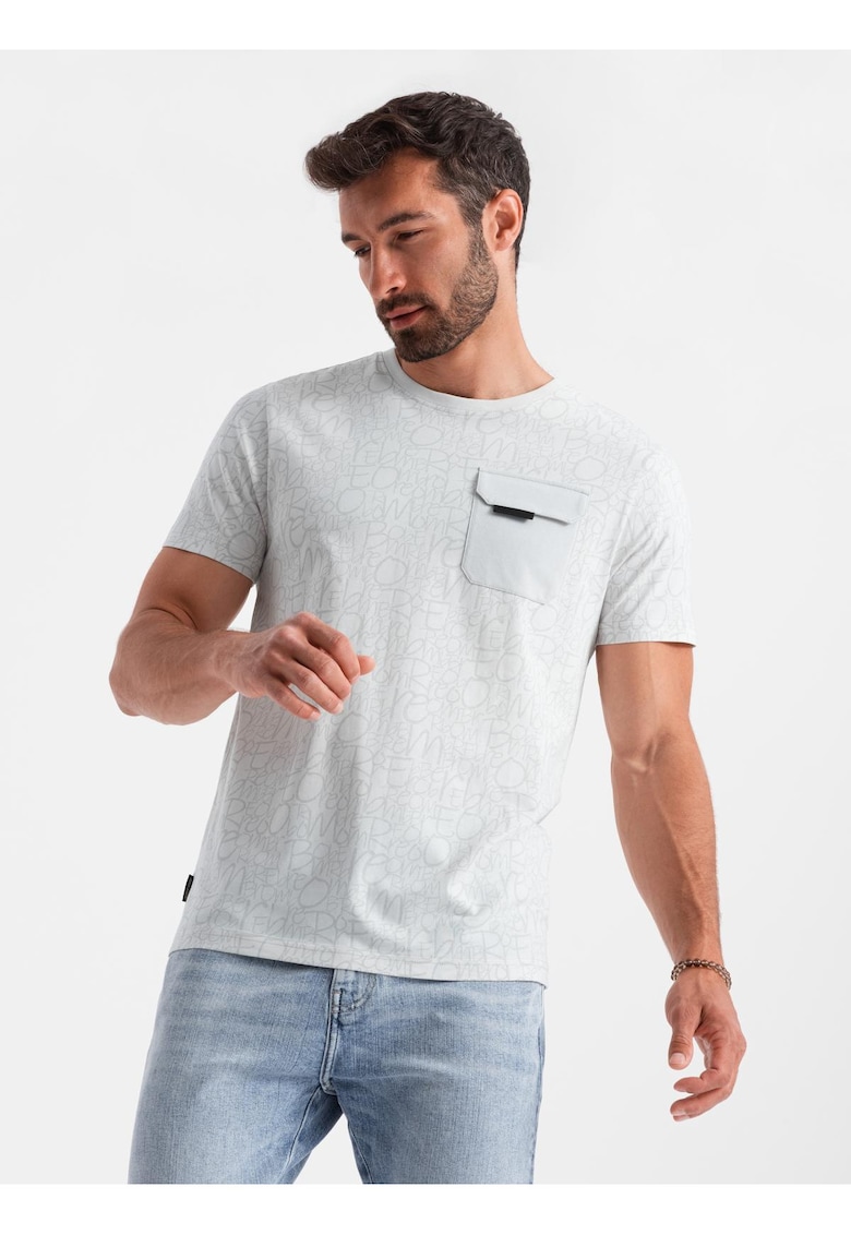 Tricou barbati cu imprimeu grafic - buzunar practic - bumbac single jersey - Alb murdar