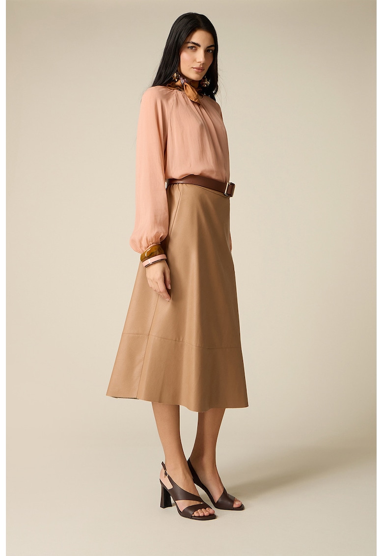 Fusta midi cu talie elastica si model uni - Bej
