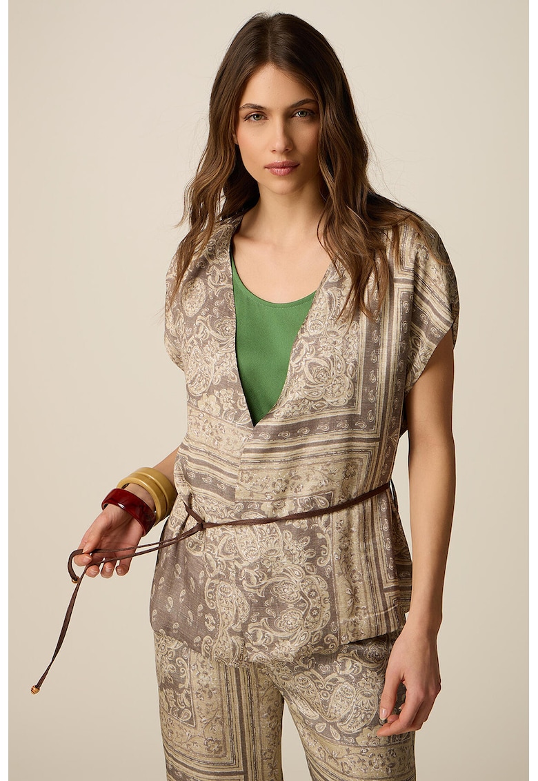 Bluza cu decolteu in V si model paisley - Maro deschis/Bej inchis