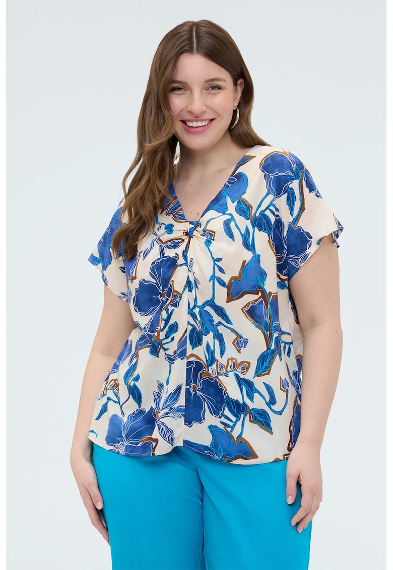 Bluza cu maneci scurte si imprimeu floral - Albastru deschis/Crem