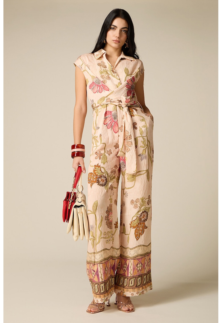 Salopeta lunga cu model floral si buzunare laterale - Kaki pal/Bej sampanie/Nude rose