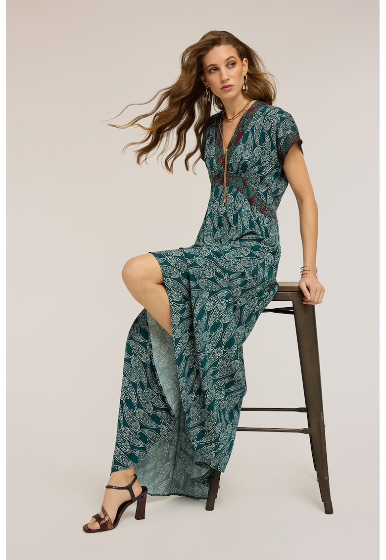 Rochie maxi cu decolteu in V - Alb/Verde persan