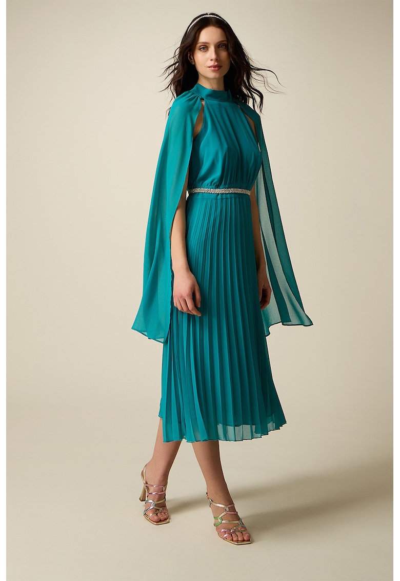Rochie midi cu pliuri si curea bijuterie - Turcoaz