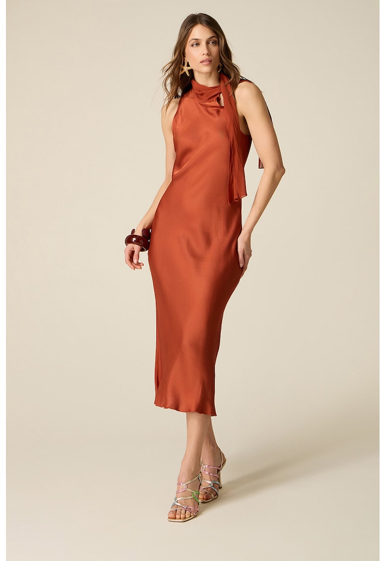 Rochie midi de satin cu decolteu cu funda - Portocaliu stins