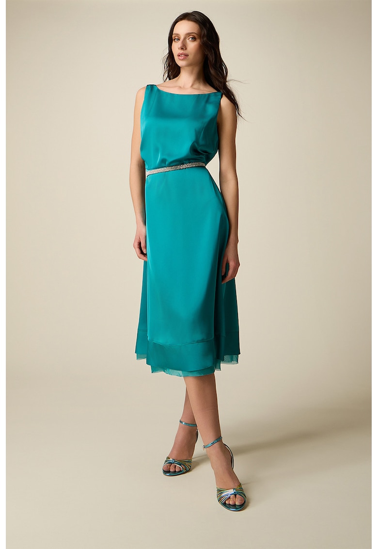 Rochie midi fara maneci cu o curea cu bijuterii - Turcoaz