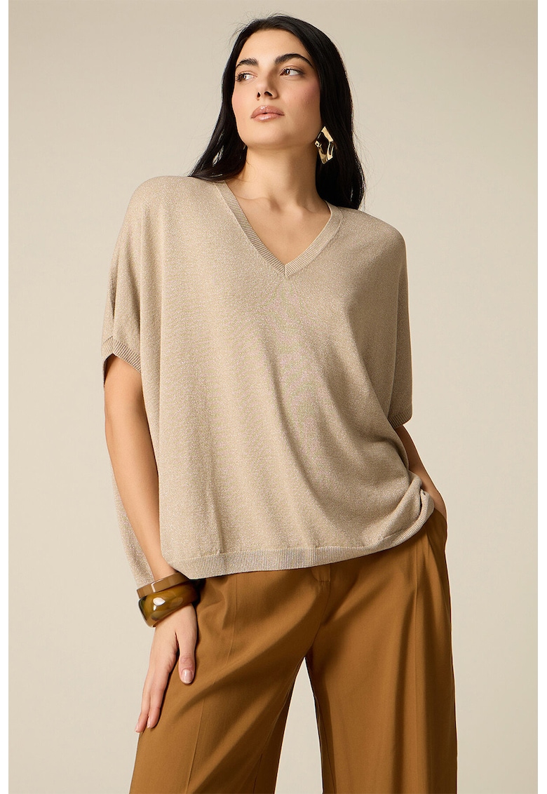 Bluza de dantela cu decolteu in V - Bej