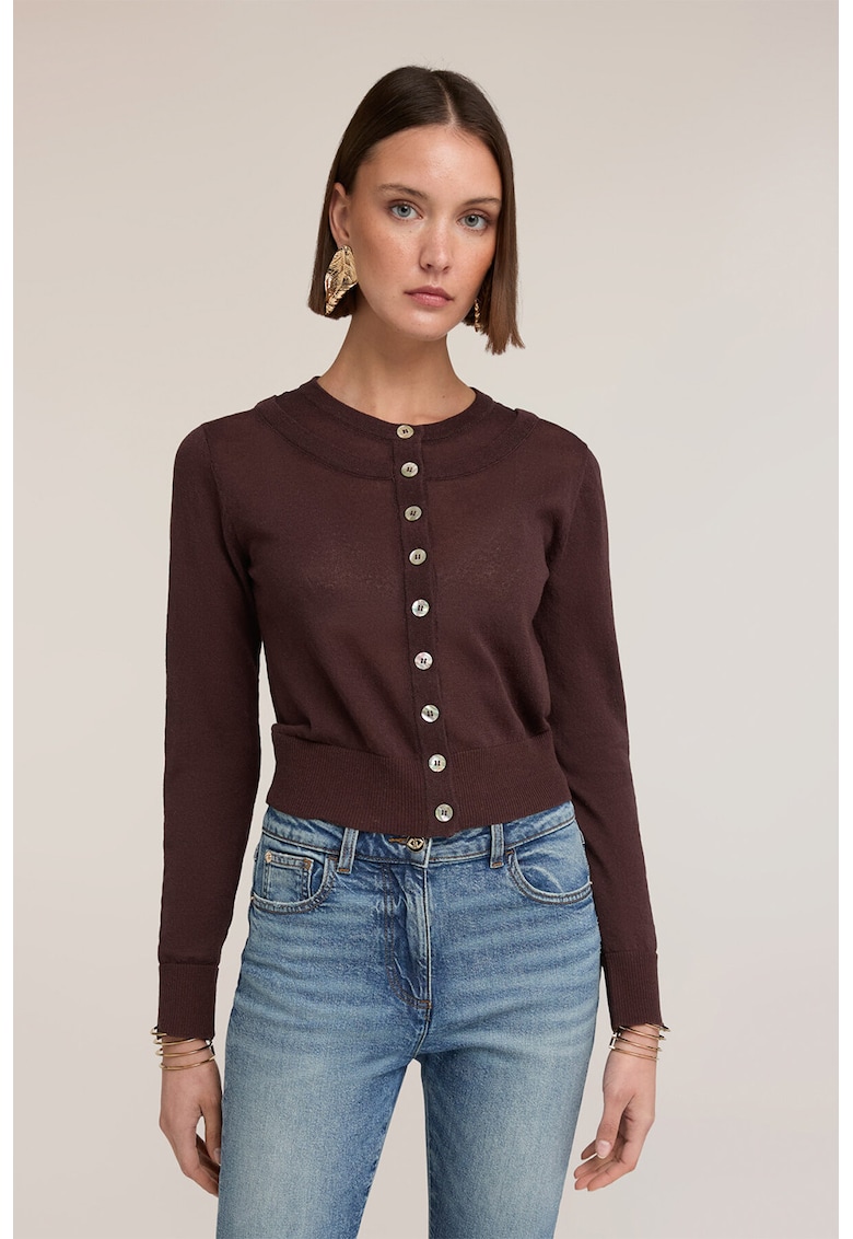 Pulover crop cu nasturi - Maro inchis