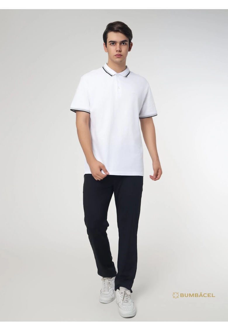 Tricou polo din bumbac pentru barbati cu maneca scurta si guler cu imprimeu si cu nasturi - Alb