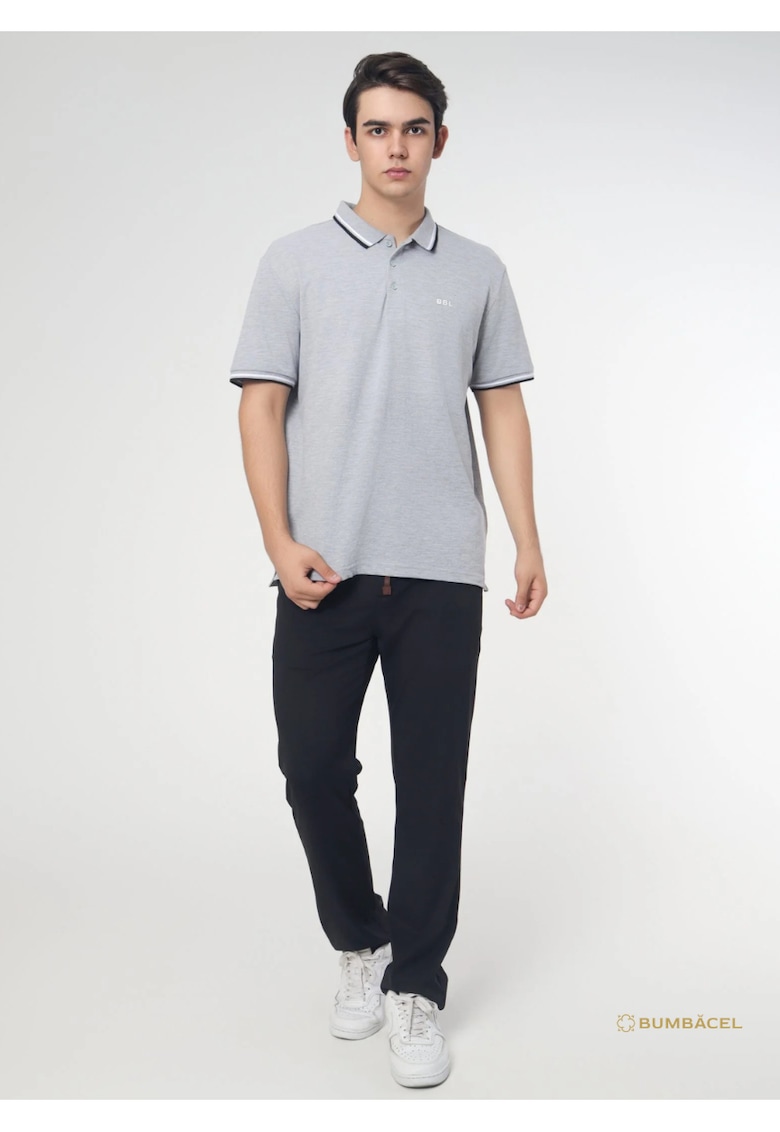 Tricou polo din bumbac pentru barbati cu maneca scurta si guler cu imprimeu si cu nasturi - Gri