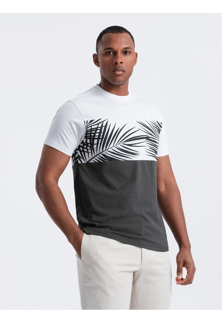 Tricou barbati cu imprimeu palme - bumbac moale - croiala regular - Gri inchis