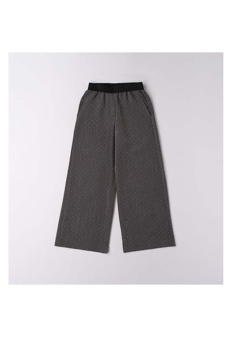 Pantaloni Wide Leg cu Strass-uri si Talie Elastica