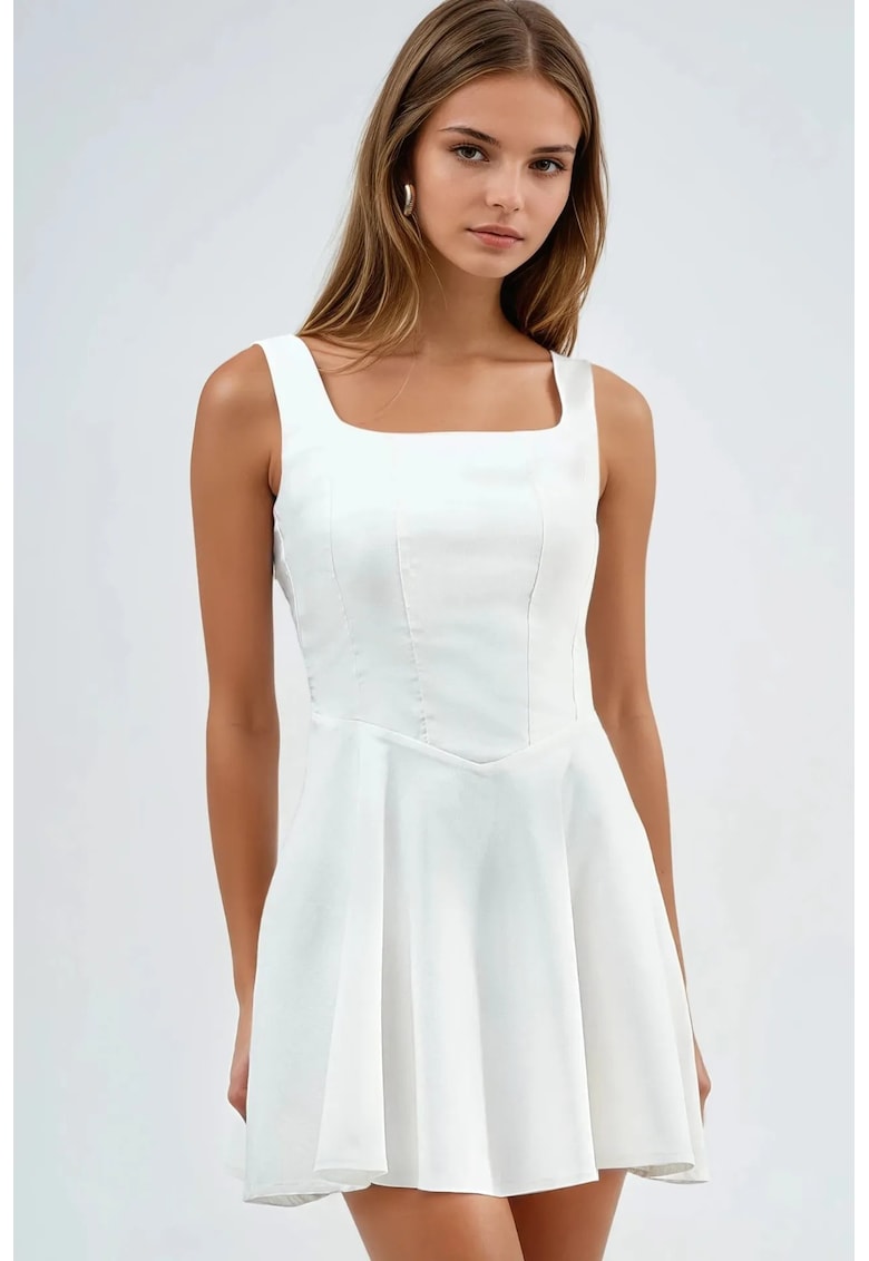 Rochie mini - guler patrat - alb - poliester-bumbac-elastan