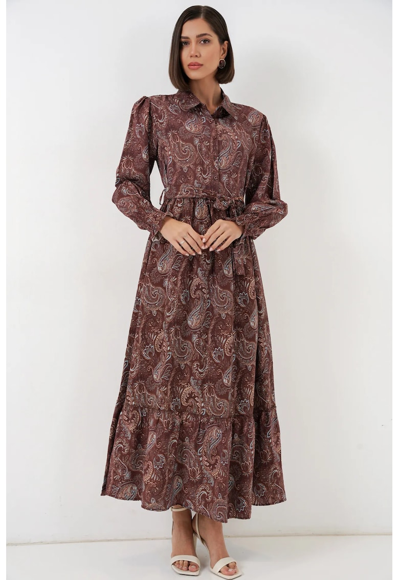 Rochie tip camasa Maxi cu imprimeu Paisley - maneci lungi - maro - viscoza