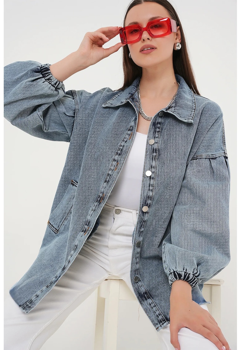 Geaca de blugi - supradimensionata - guler tip camasa - albastru Maya - denim