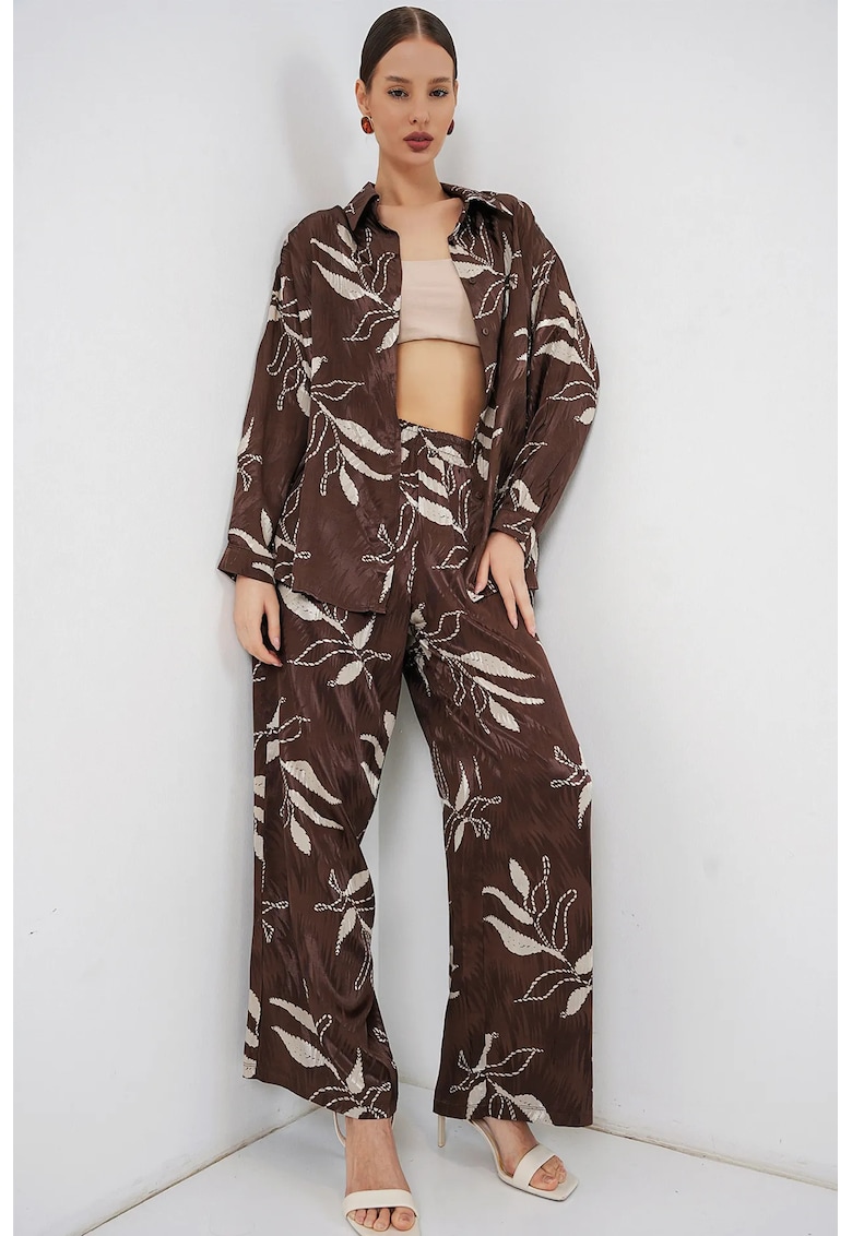 Compleu din doua piese - camasa florala si pantaloni cu talie inalta - picior larg - maro - 100% viscoza