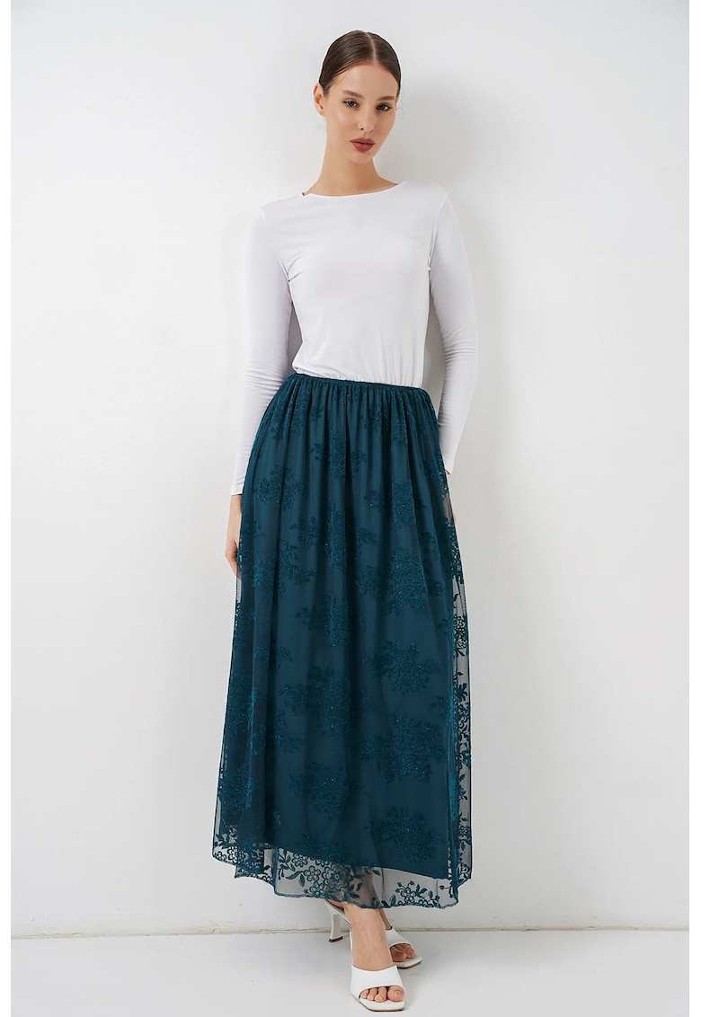 Fusta maxi floral - talie inalta - albastru - bumbac