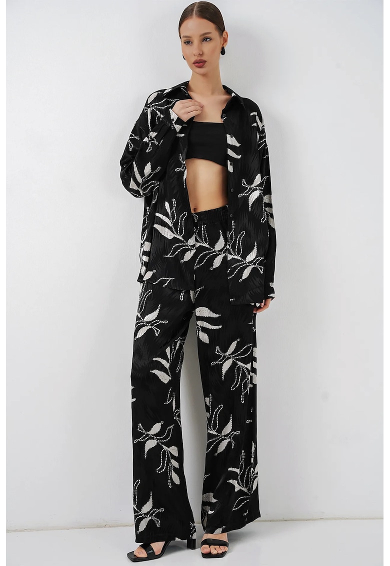 Compleu din doua piese - camasa florala si pantaloni cu talie inalta - negru - viscoza