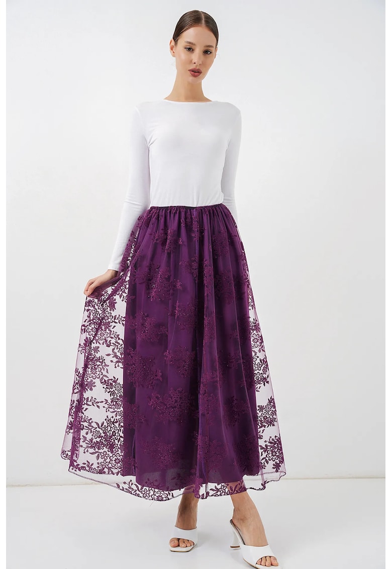 Fusta maxi floral - mov - bumbac - talie inalta