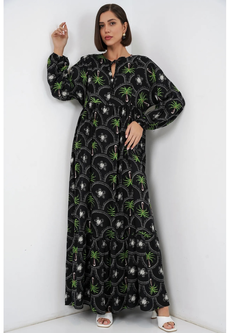 Rochie maxi - imprimeu tropical - maneci lungi - multicolor - viscoza