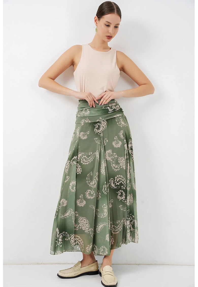 Fusta maxi cu talie inalta - imprimeu paisley - verde - poliester