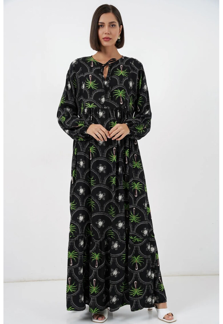 Rochie maxi - imprimeu tropical - maneci lungi - multicolor - viscoza