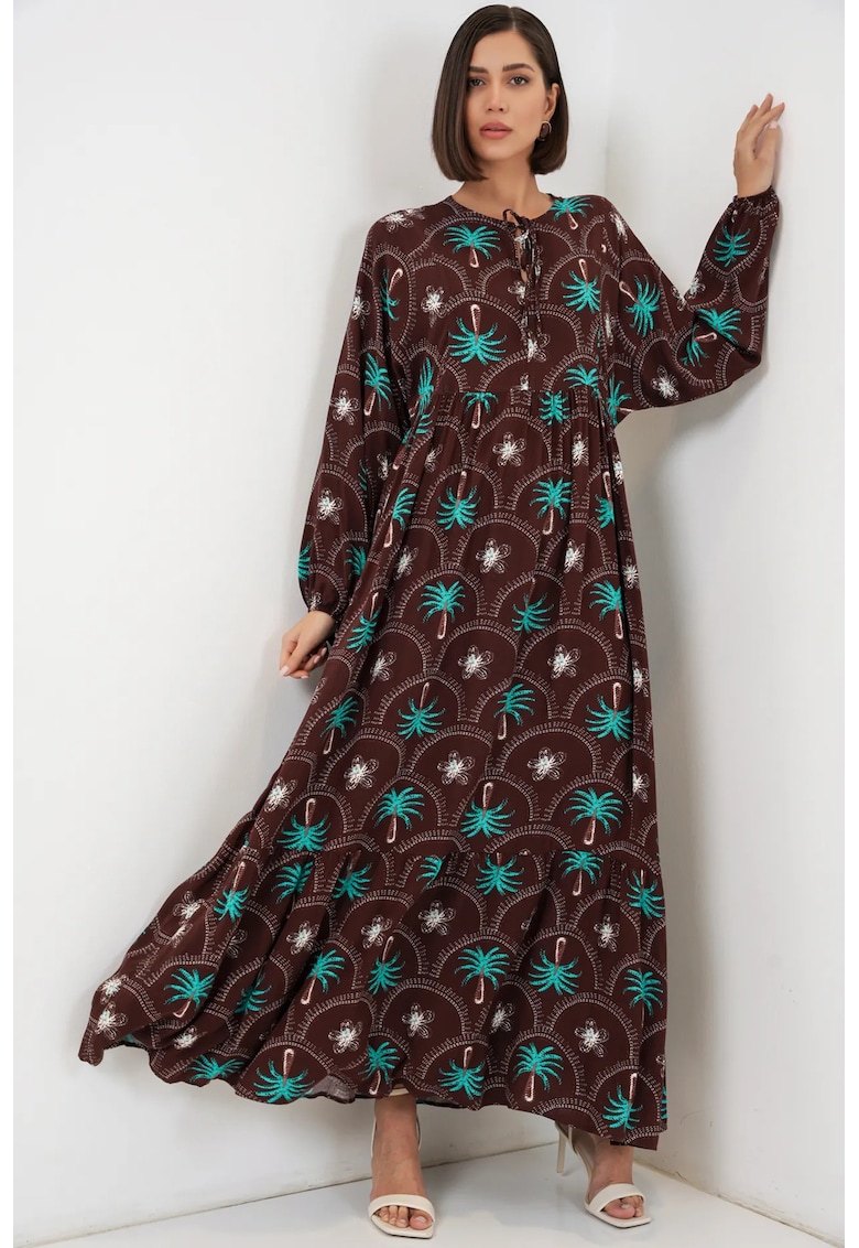 Rochie maxi imprimeu tropical - maneca lunga - maro - viscoza