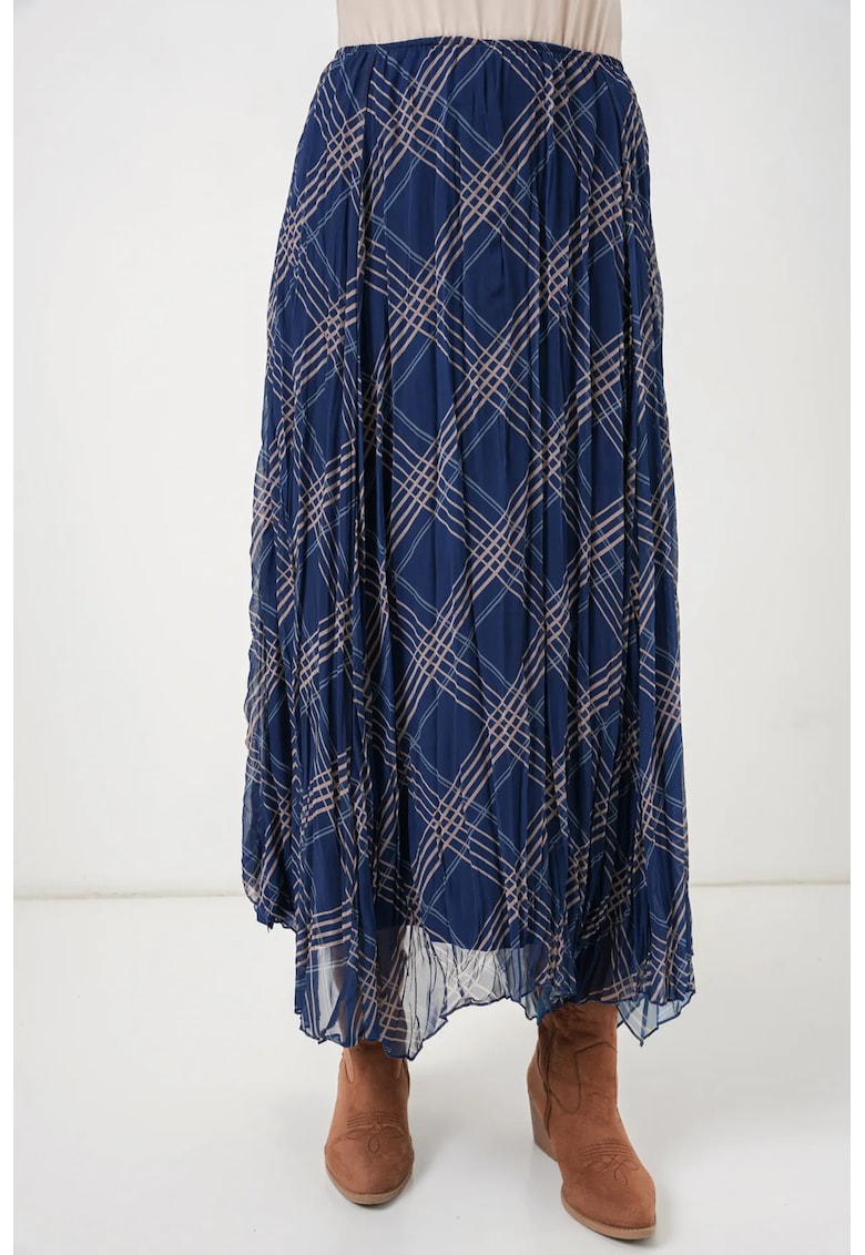 Fusta maxi carouri - talie inalta - slit - bleumarin/bej - poliester