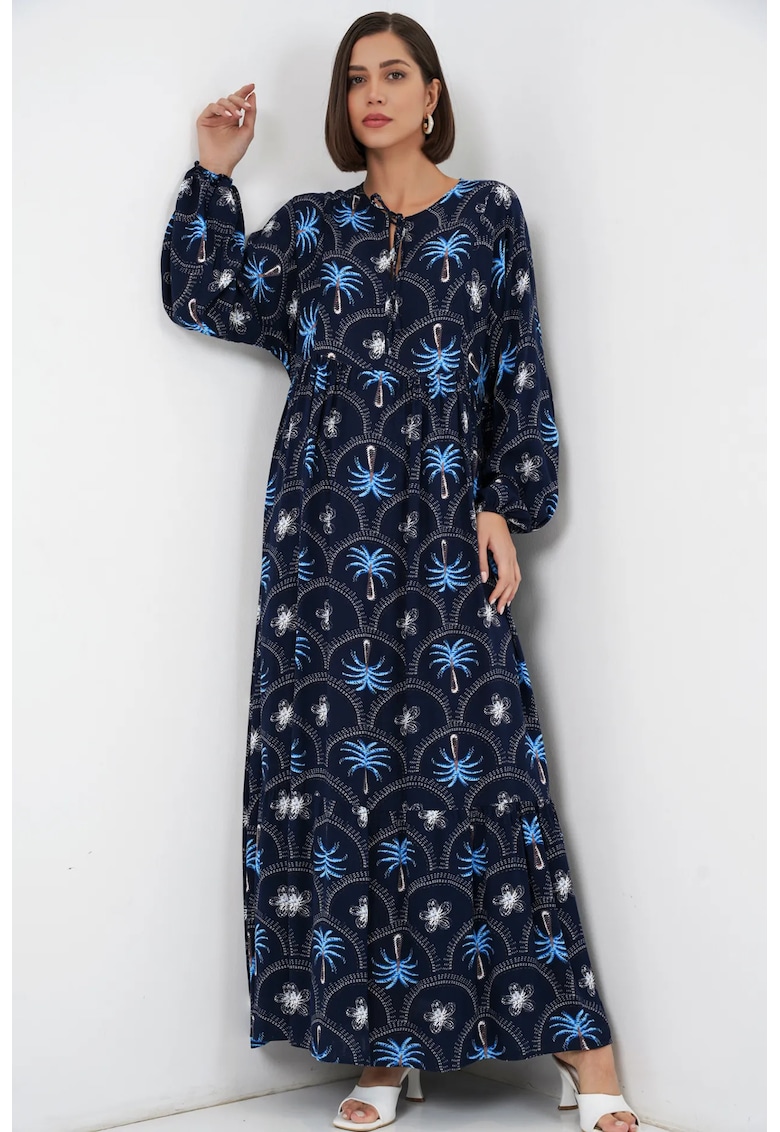 Rochie maxi imprimeu tropical - bleumarin - maneca lunga - viscoza