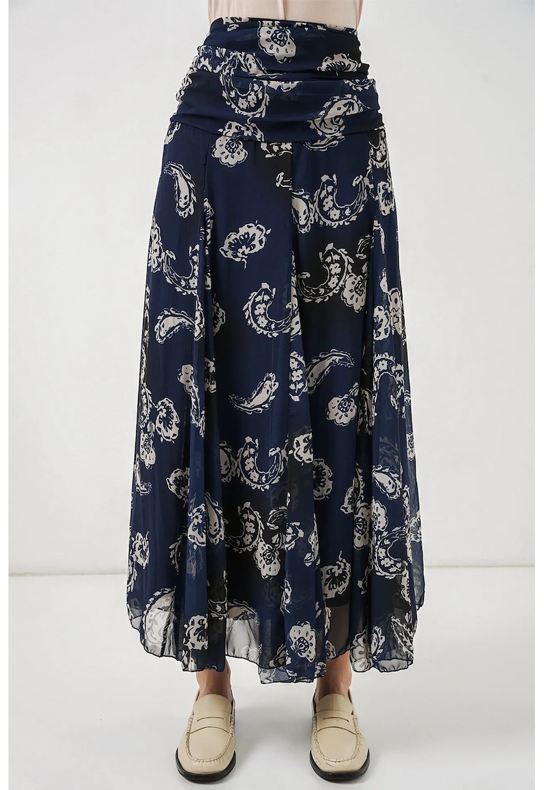 Fusta maxi talie inalta - imprimeu Paisley - poliester - Bleumarin