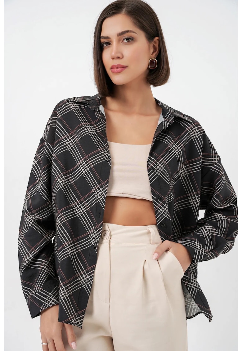 Camasi dama - camasa supradimensionata - carouri - negru - 80% viscoza - 20% nailon