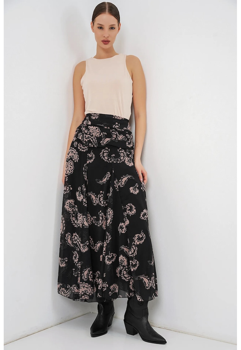 Fusta maxi talie inalta - imprimeu Paisley - poliester - Negru