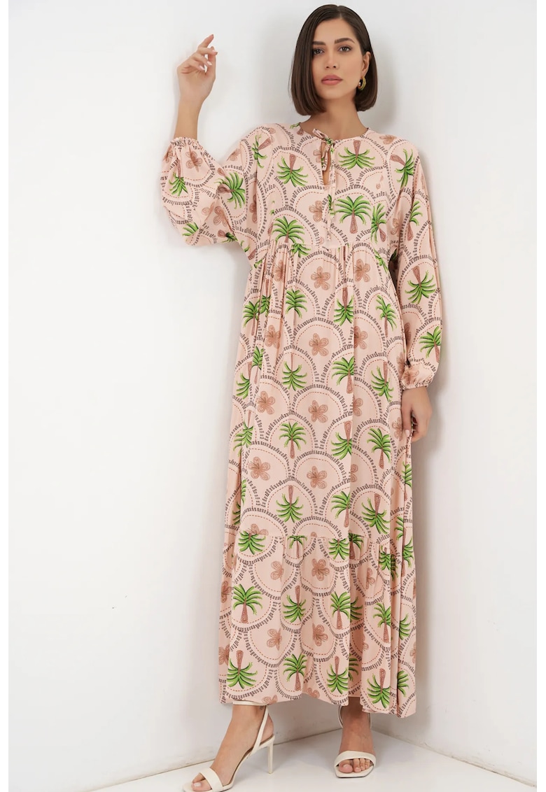 Rochie Maxi imprimeu tropical - maneca lunga - roz pudra - viscoza
