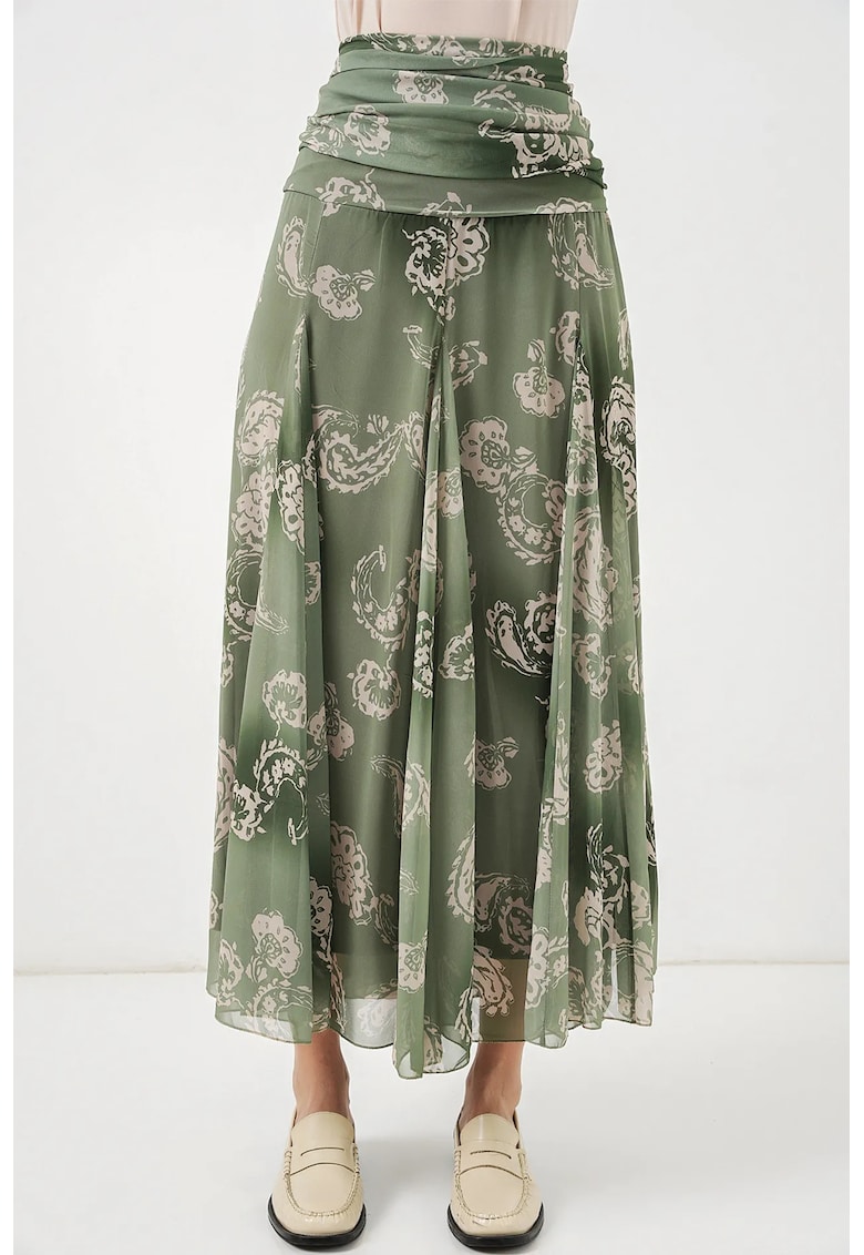 Fusta maxi cu talie inalta - imprimeu paisley - verde - poliester