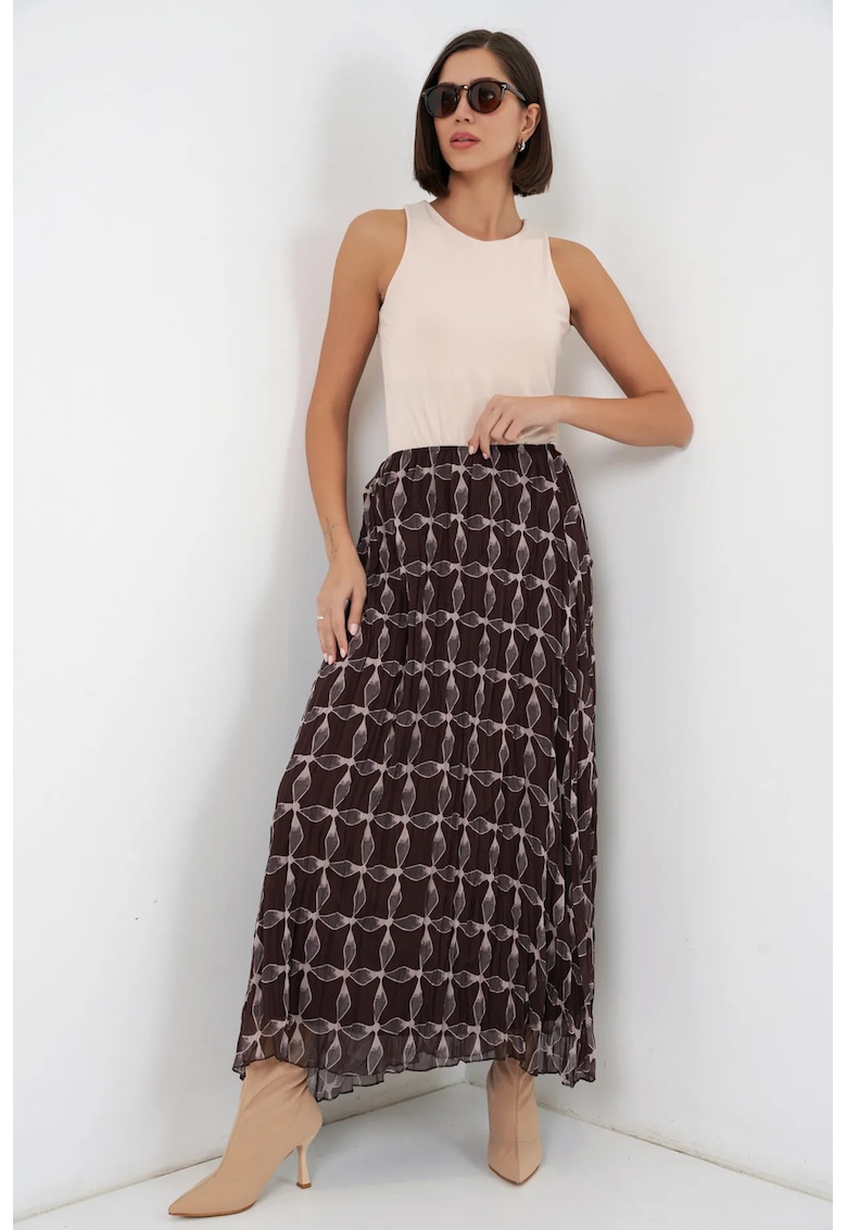 Fusta maxi cu talie inalta - imprimeu geometric - maro - poliester