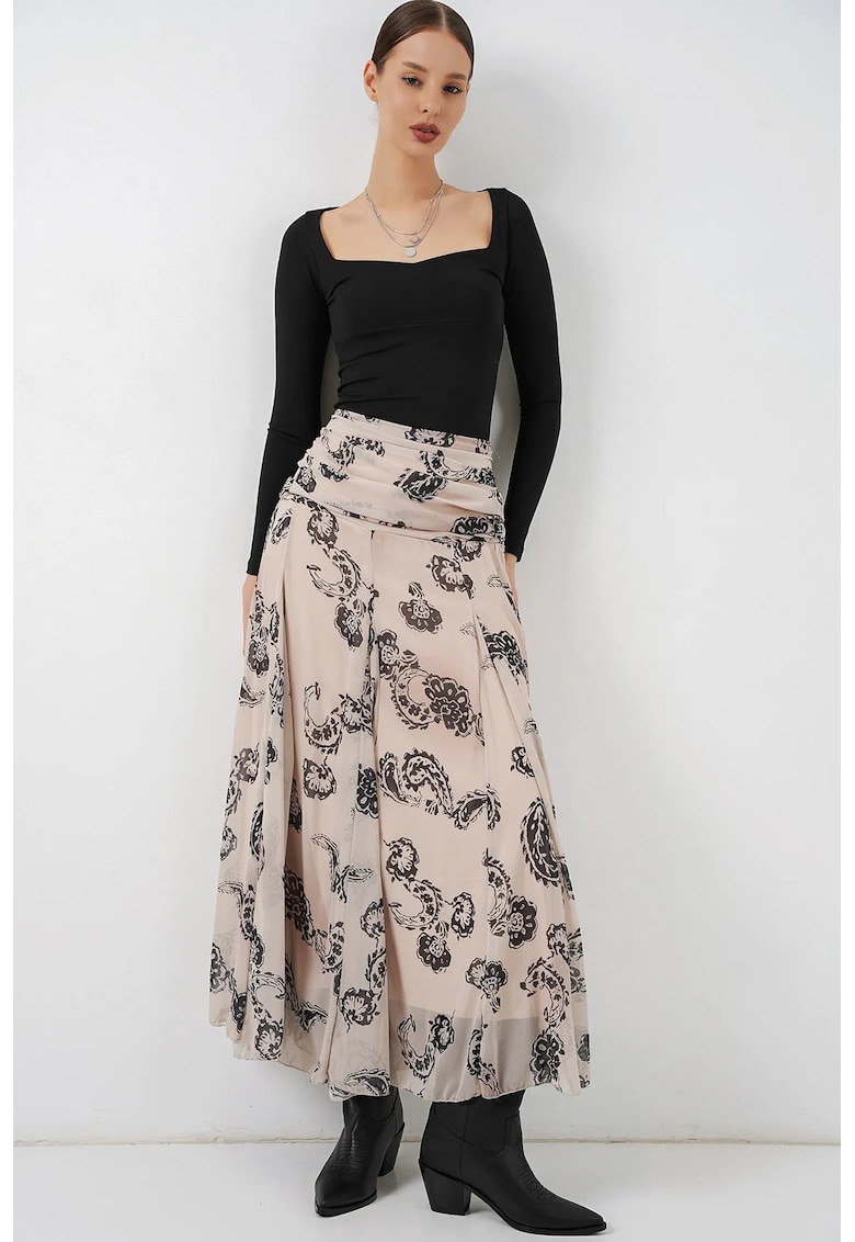 Fusta maxi cu talie inalta - imprimeu Paisley - crem - poliester