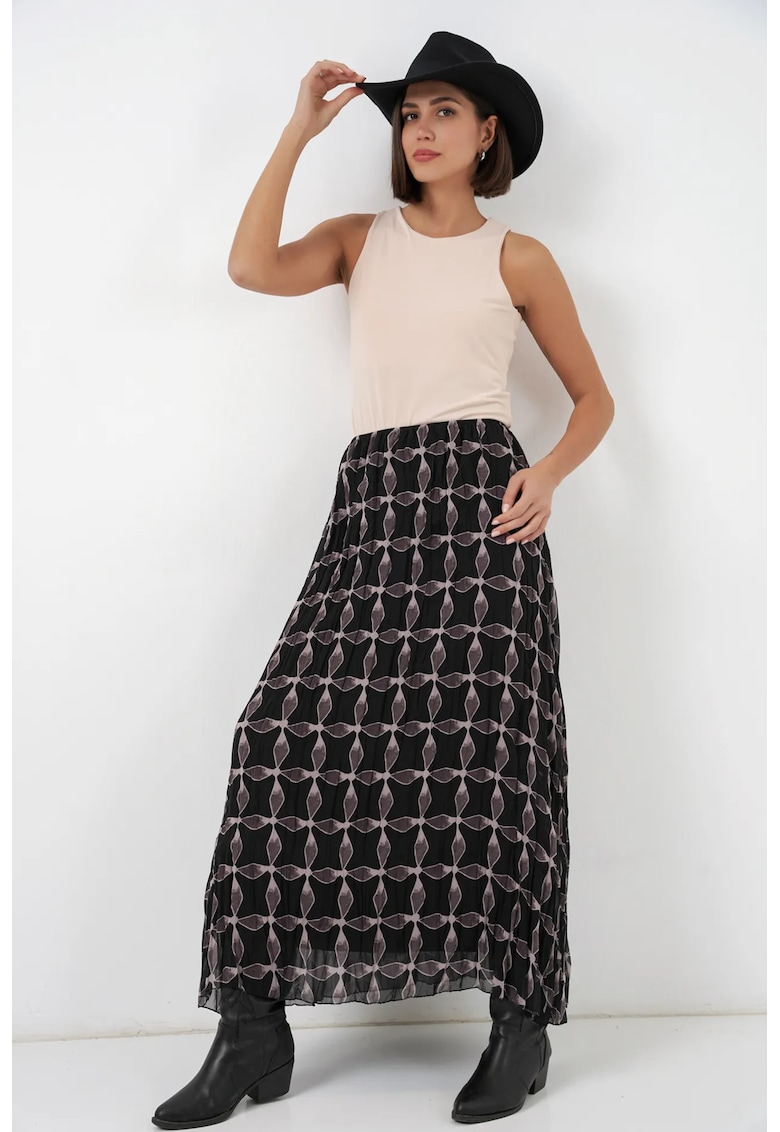 Fusta maxi cu talie inalta - imprimeu geometric - neagra - poliester