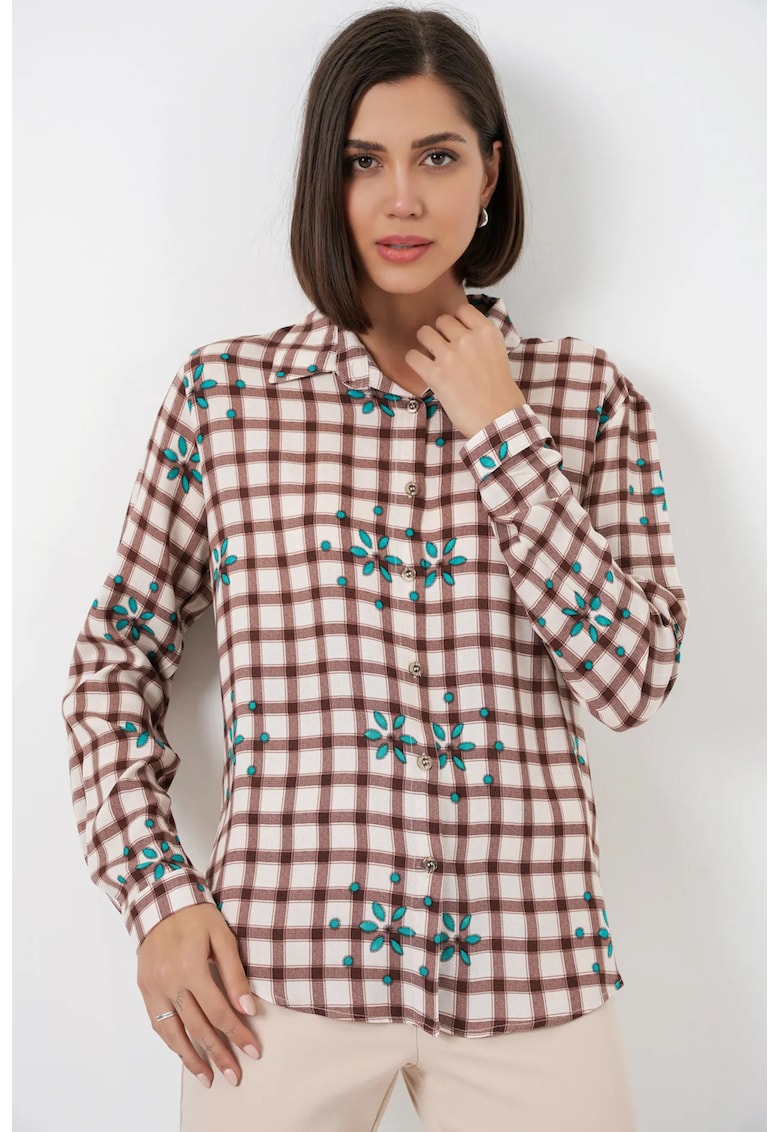 Camasi dama - camasa cu nasturi - carouri - maro mocha - 100% viscoza