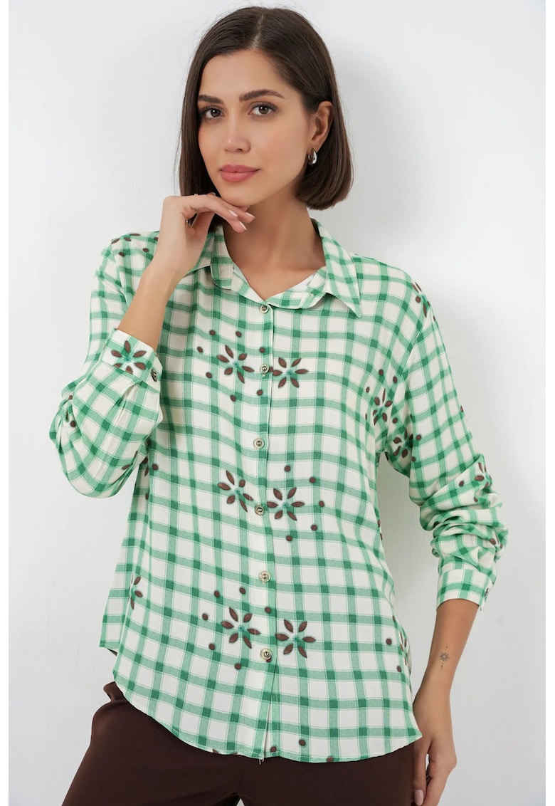 Camasi dama - camasa cu nasturi - carouri - verde - 100% viscoza