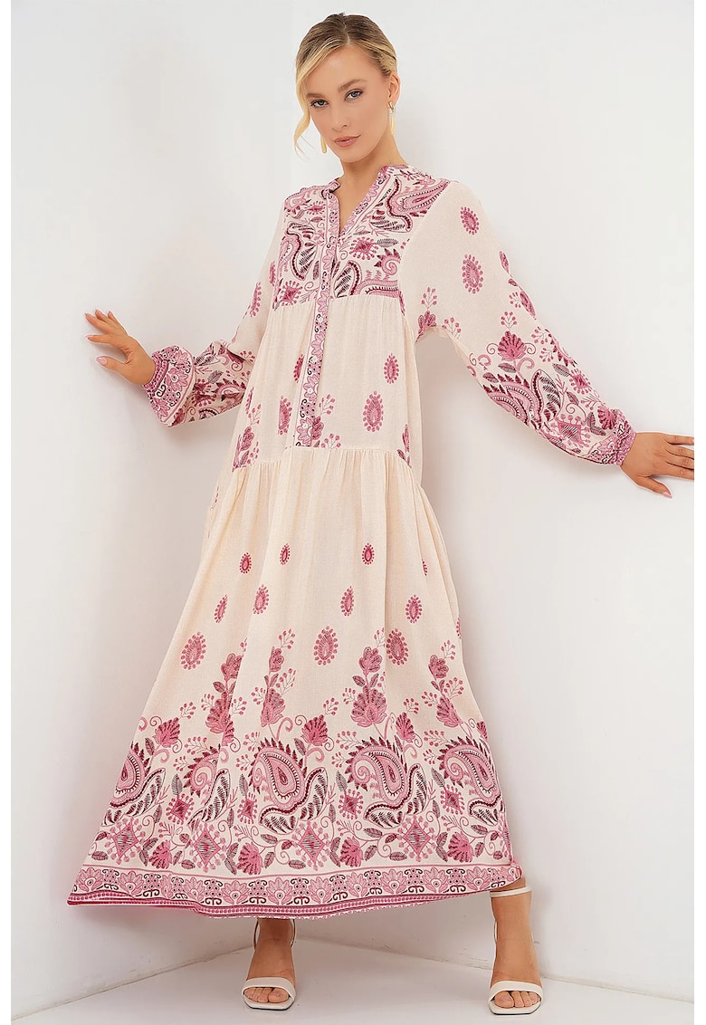 Rochie Maxi cu decolteu in V - imprimeu - roz/bej - viscoza - maneca lunga - captusita