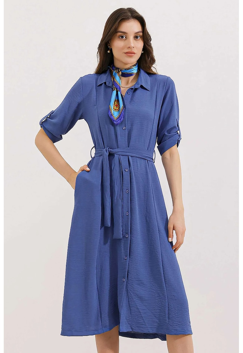 Rochie midi - texturata - poliester/lycra - albastru