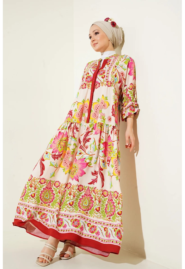 Rochie Maxi - imprimeu - decolteu in V - multicolor - viscoza - maneca lunga - captusita